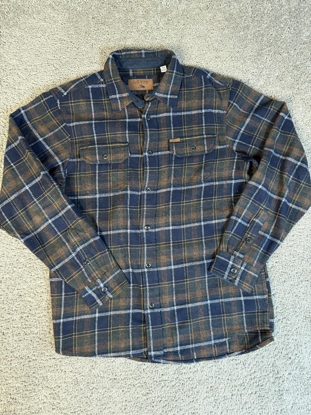 Orvis Shirt Mens M Blue Plaid Long Sleeve Button Up Flannel Point Collar Pockets